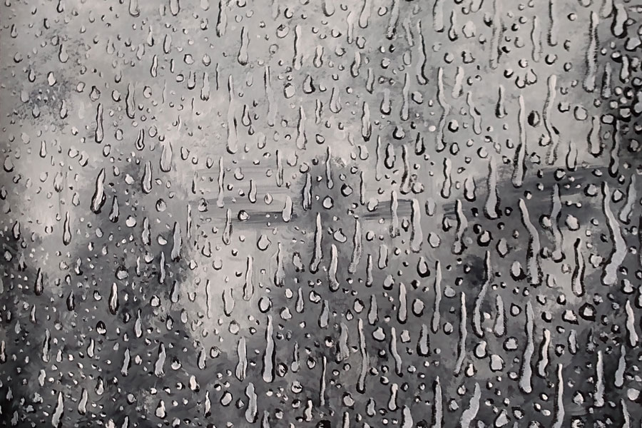 Black and white acrylic painting of raindrops.