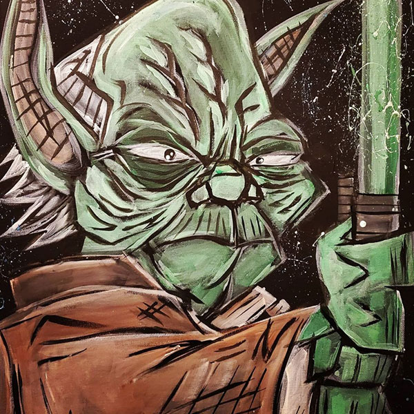 A painting of yoda on a black background with glowing green lightsaber.
