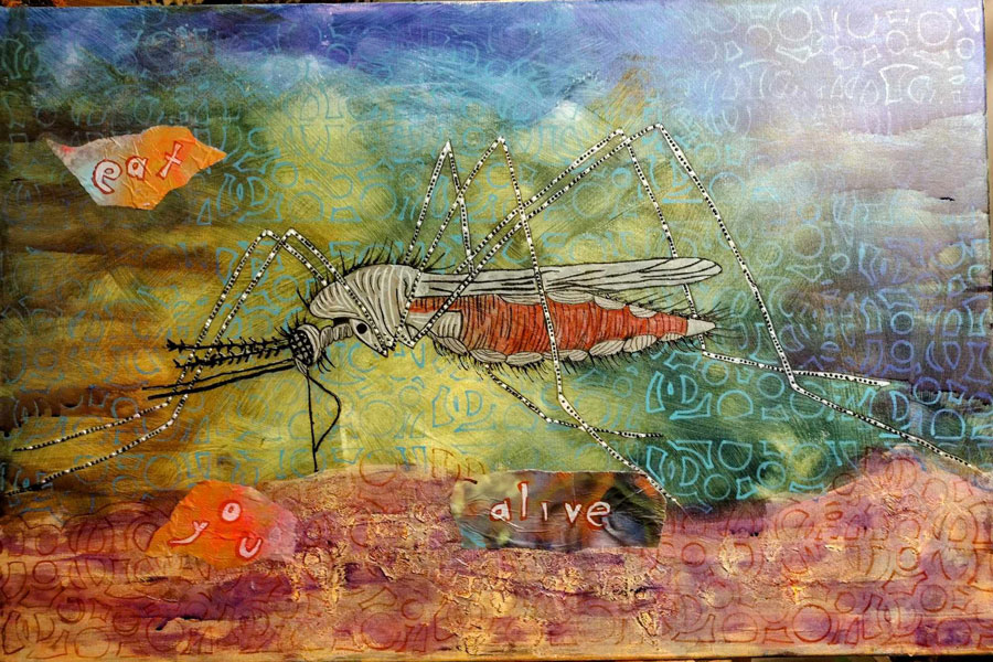 A mosquito framed by a collage of colors and patterns.