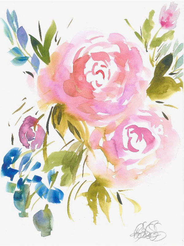 A watercolor painting of pink and blue flowers framed with bluegreen leaves.