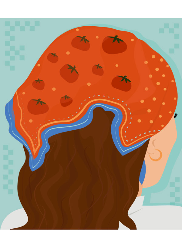 A portrait of a person with auburn hair tied back with a bandana with tomatoes on an red background.