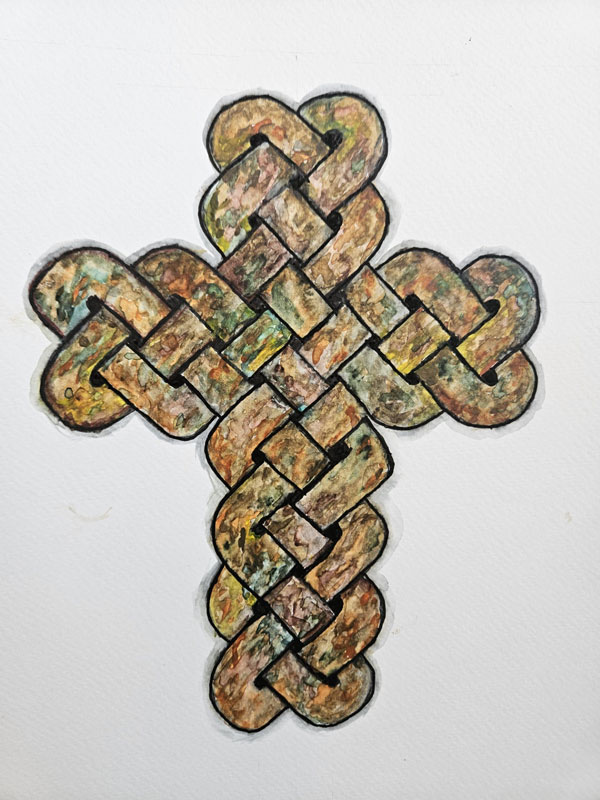 A knotted celtic cross outlined in black with a multicolor texture.