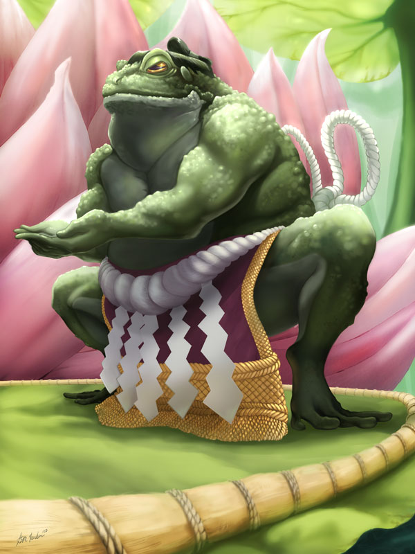 A large toad in traditional sumo dress and pose in painted in virbrant greens framed by a large pink lotus flower.