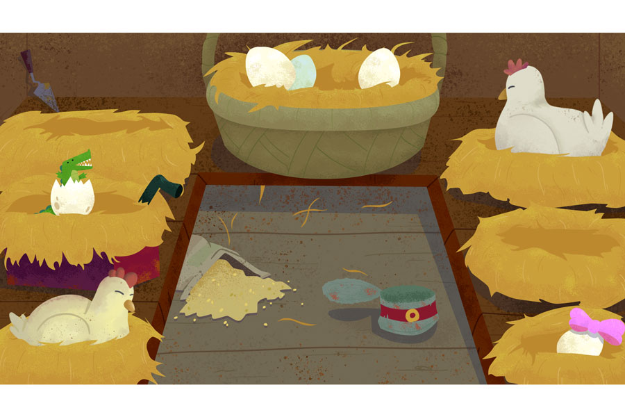 A digital drawing of a chicken coop filled with eggs, chickens, and an alligator hatching from a nest.