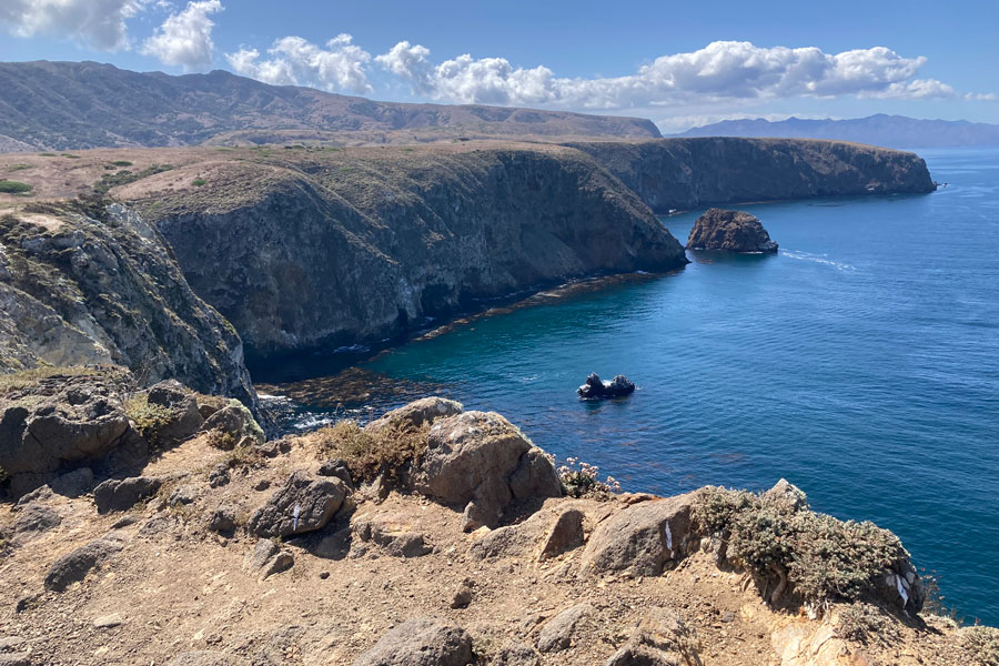 A photograph overlooking rocky outcrops in greens and greys framed by a deep blue ocean.