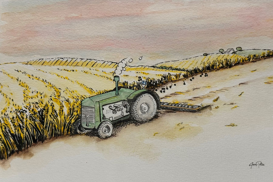 A watercolor and pencil drawing showing a tractor at sunset framed by golden fields.