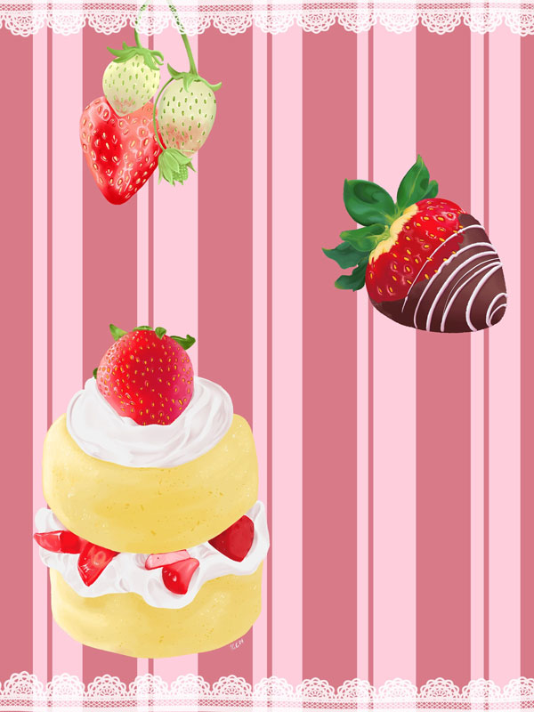 A digital painting of strawberries, strawberry shortcake, and chocolate dipped strawberries overlay a striped pink background.