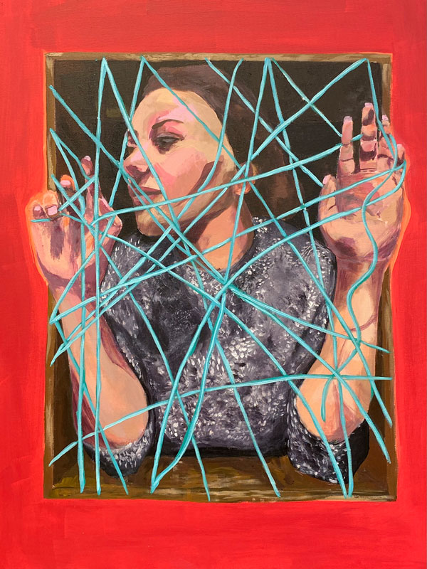 A portrait of a woman pressed against light blue thread, entangled.