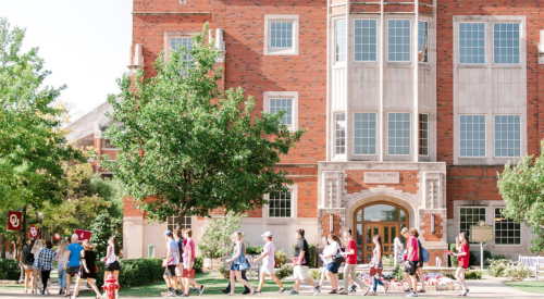 Students on a group campus tour. 