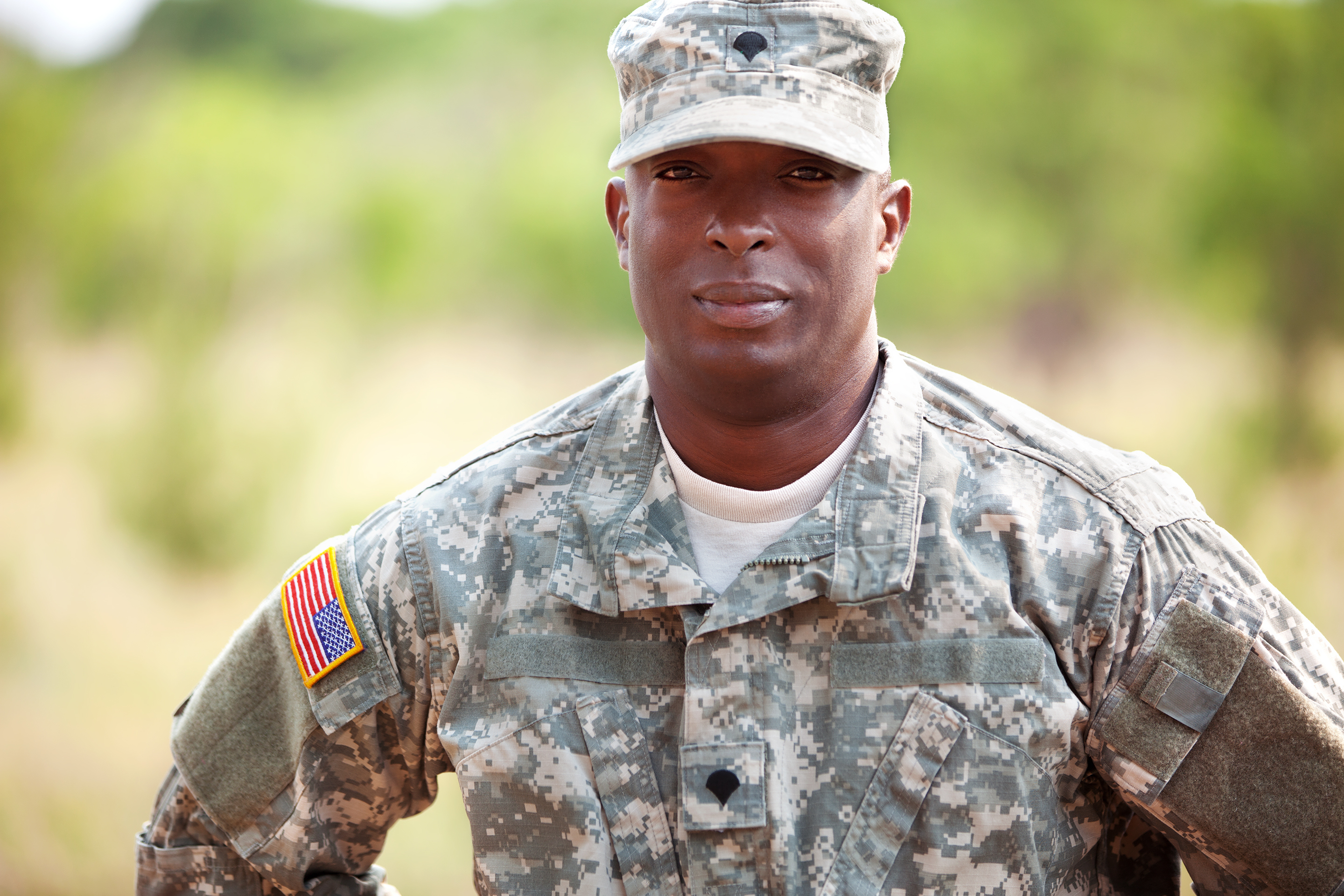 American soldier in army combat uniform or ACU outdoor.