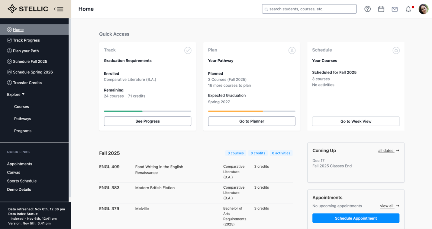 A screenshot of the Stellic student dashboard. The page displays three Quick Access boxes labeled Track Graduation Requirements, Plan Your Pathway, and Schedule Your Courses. Below, a list of planned courses for Fall 2025 appears. The left sidebar includes navigation options such as Track Progress, Plan Your Path, Schedule, and Transfer Credits. On the right side, there are panels showing upcoming dates and appointments.