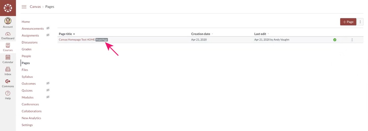 Set as Canvas Course Front Page: Success