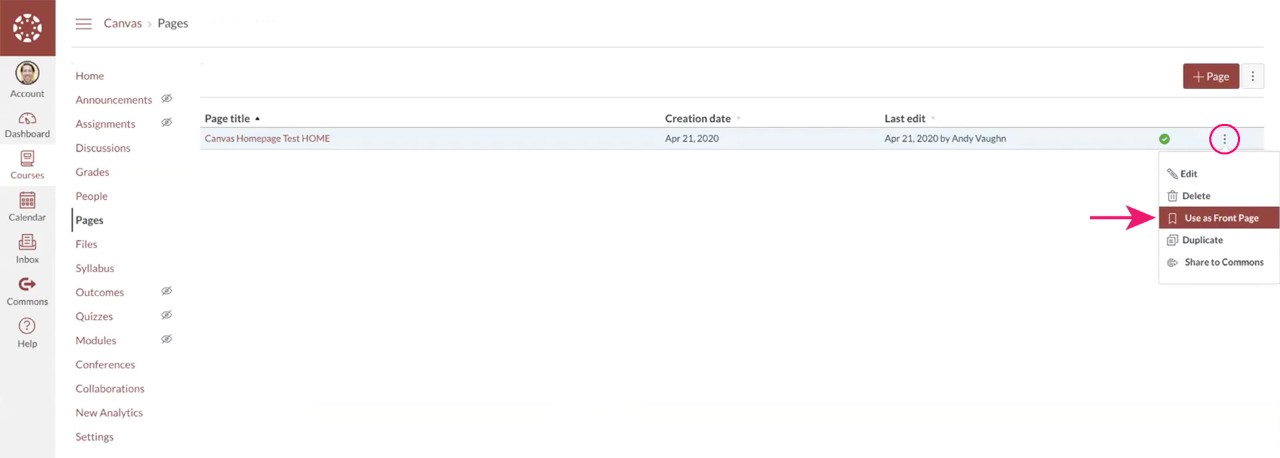 Set as Canvas Course Front Page