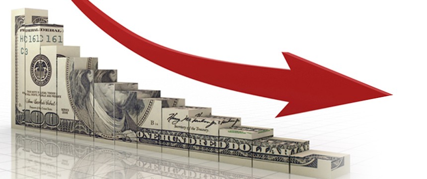 bar chart with background of  dollar bill and  big red curve arrow
