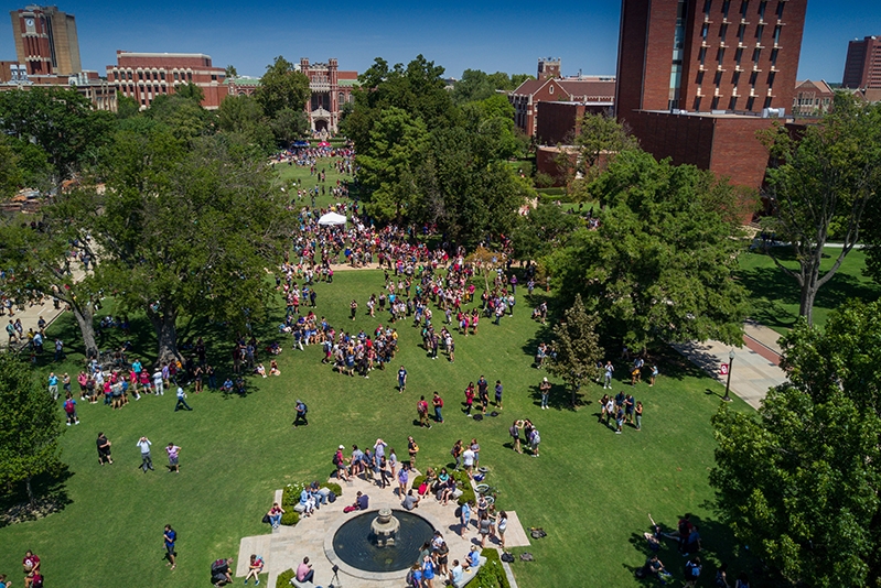 A shot from above of students on the south oval of OU's campus