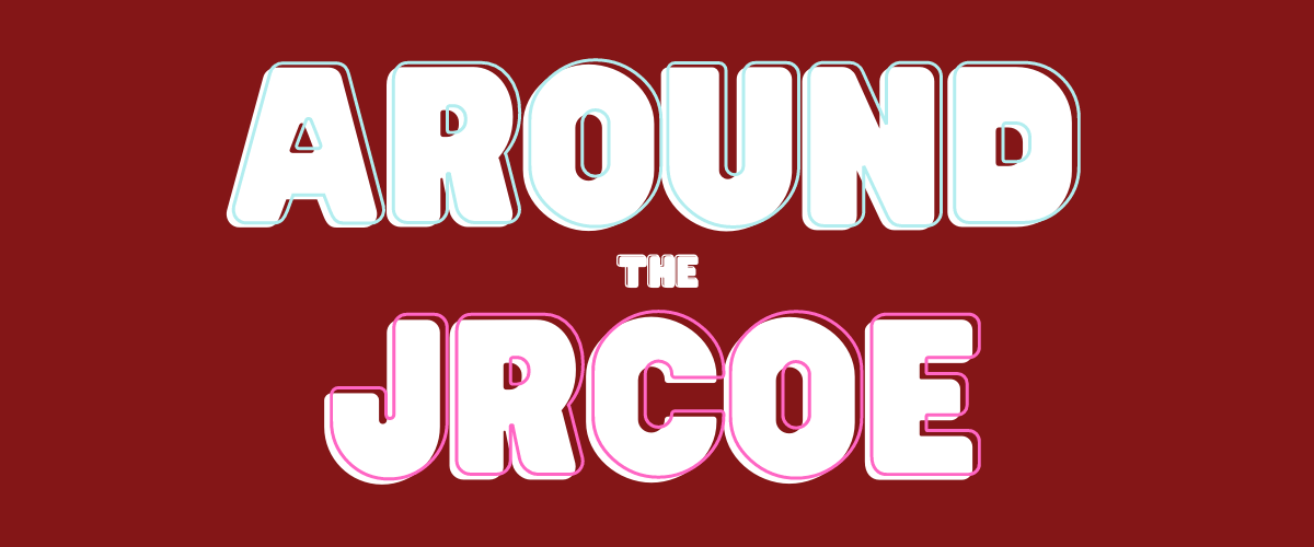 Around the JRCoE written in bubble letters on a crimson background