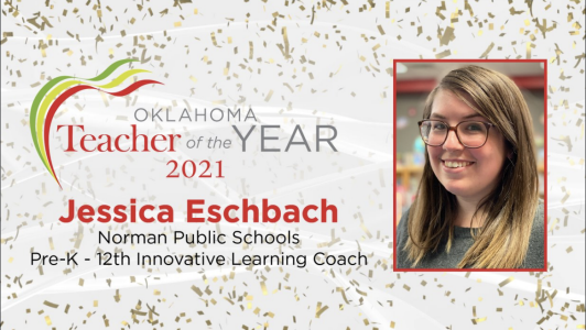 graphic with Jessica Eschbach headshot naming her OK Teacher of the Year
