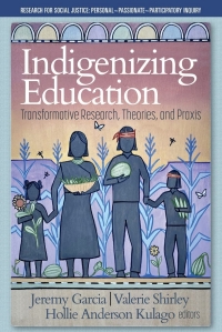 image of Indigenizing Educatio book cover with 4 drawings of people standing in front of crops