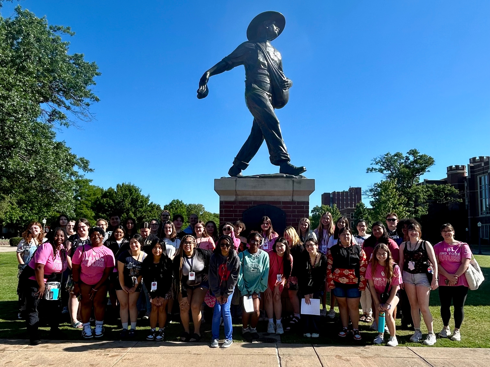 Find Your Future camp attendees around the Seed Sower statue