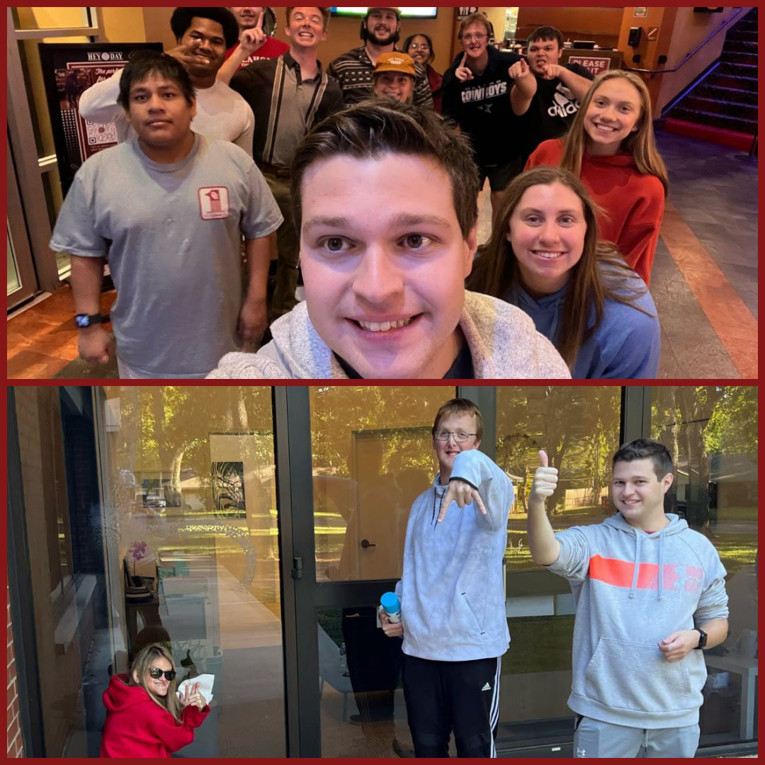 top: picture of Matt L taking a selfie with other OU students smiling in the background; bottom: picture of Matt L and two other students in Sooner Works smiling in front of a glass door