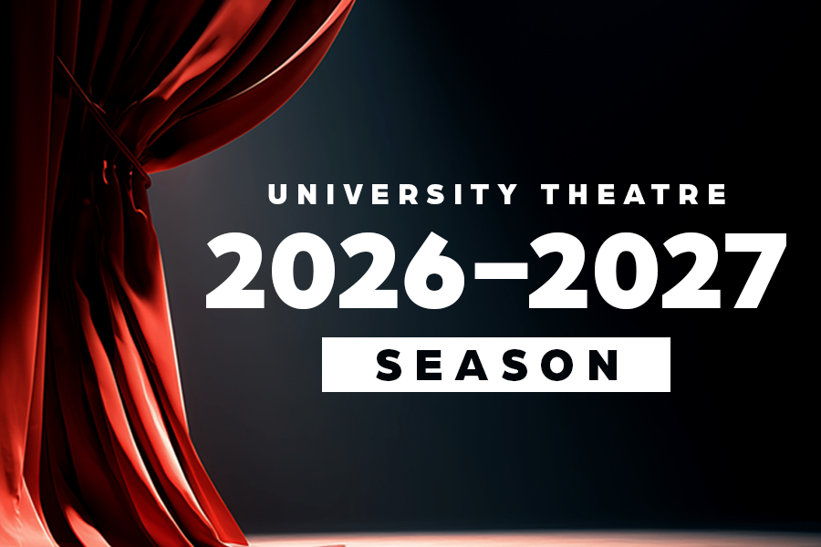 University Theatre 2024 to 2025 Season in white, on dark background with red velvet curtain swept back to the side..