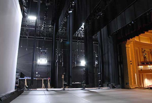 A backstage view of the renovated performance space, historically called Holmberg Hall located in the Donald W. Reynolds Performing Arts Center