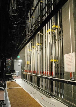 View of the Flyrail backstage in histroric Holmberg Hall, the performance space in the Donald W. Reynolds Performing Arts Center