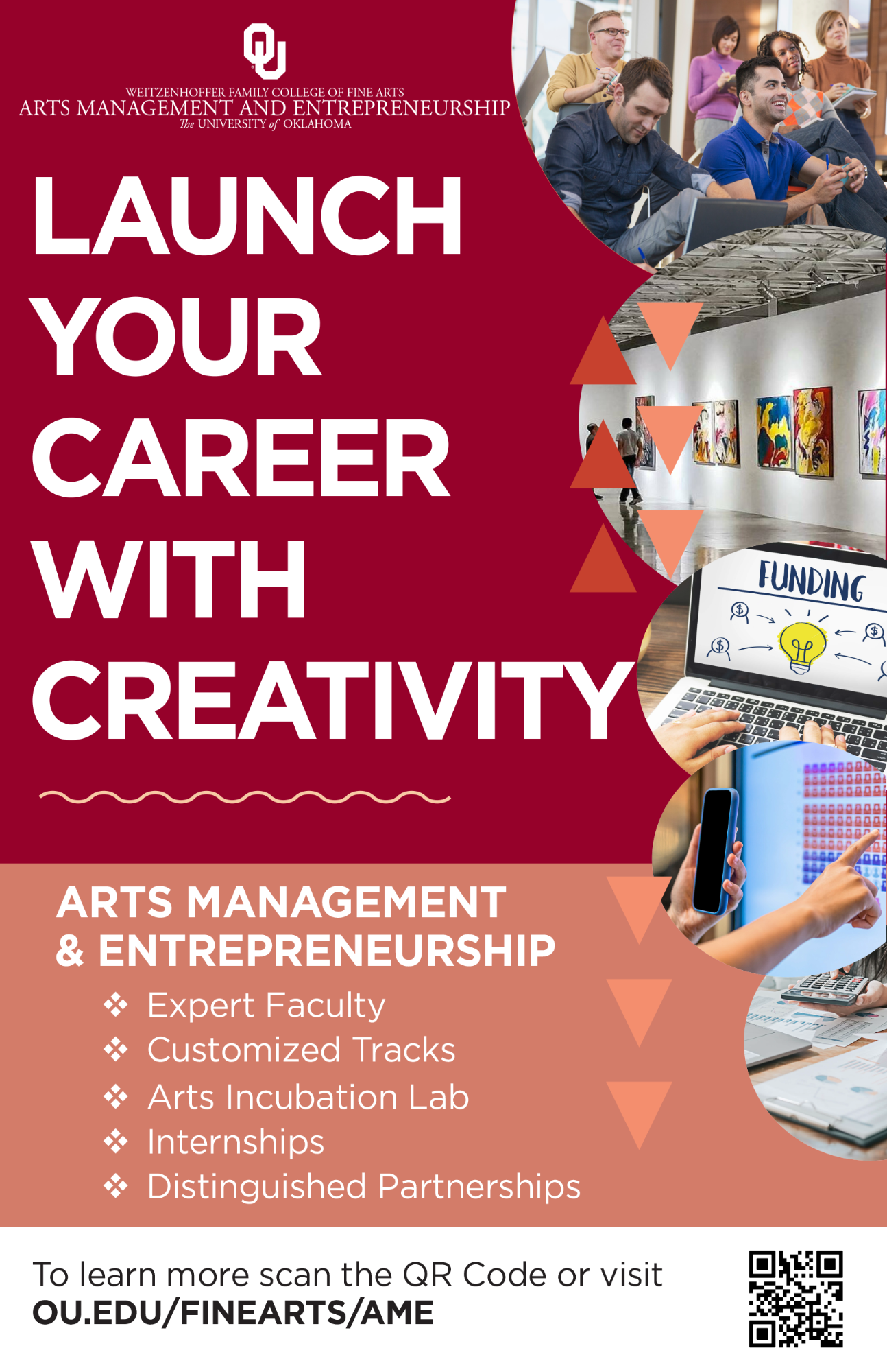 Promotional poster for the Arts Management & Entrepreneurship program that says, "Launch your career with creativity".