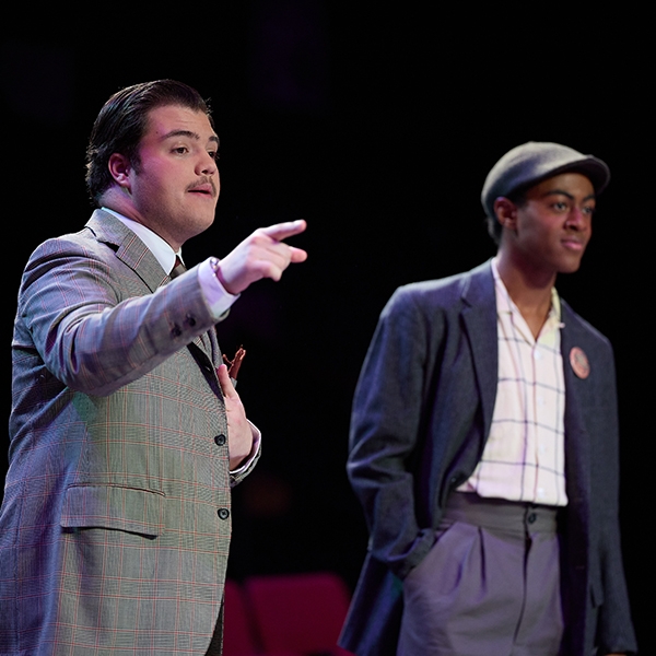 Two drama students acting in a production of "Waiting for Lefty."