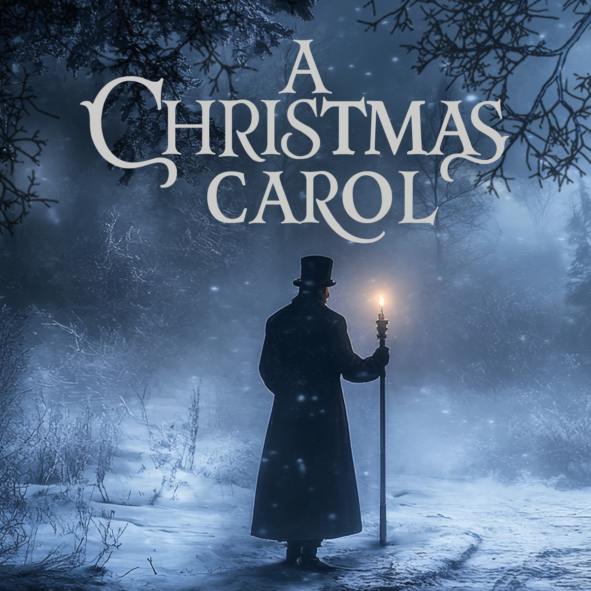 A Christmas Carol. Man's Victorian silhouette walking in the snow.