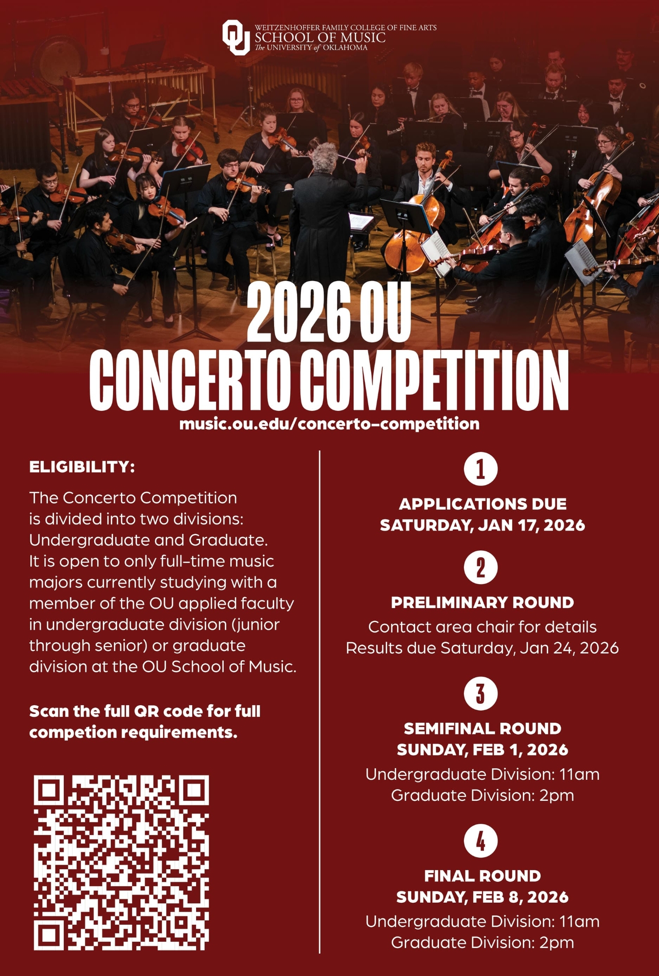 Flyer for 2026 OU Concerto Competition. Follow link to music.ou.edu/concerto-competition for more details.