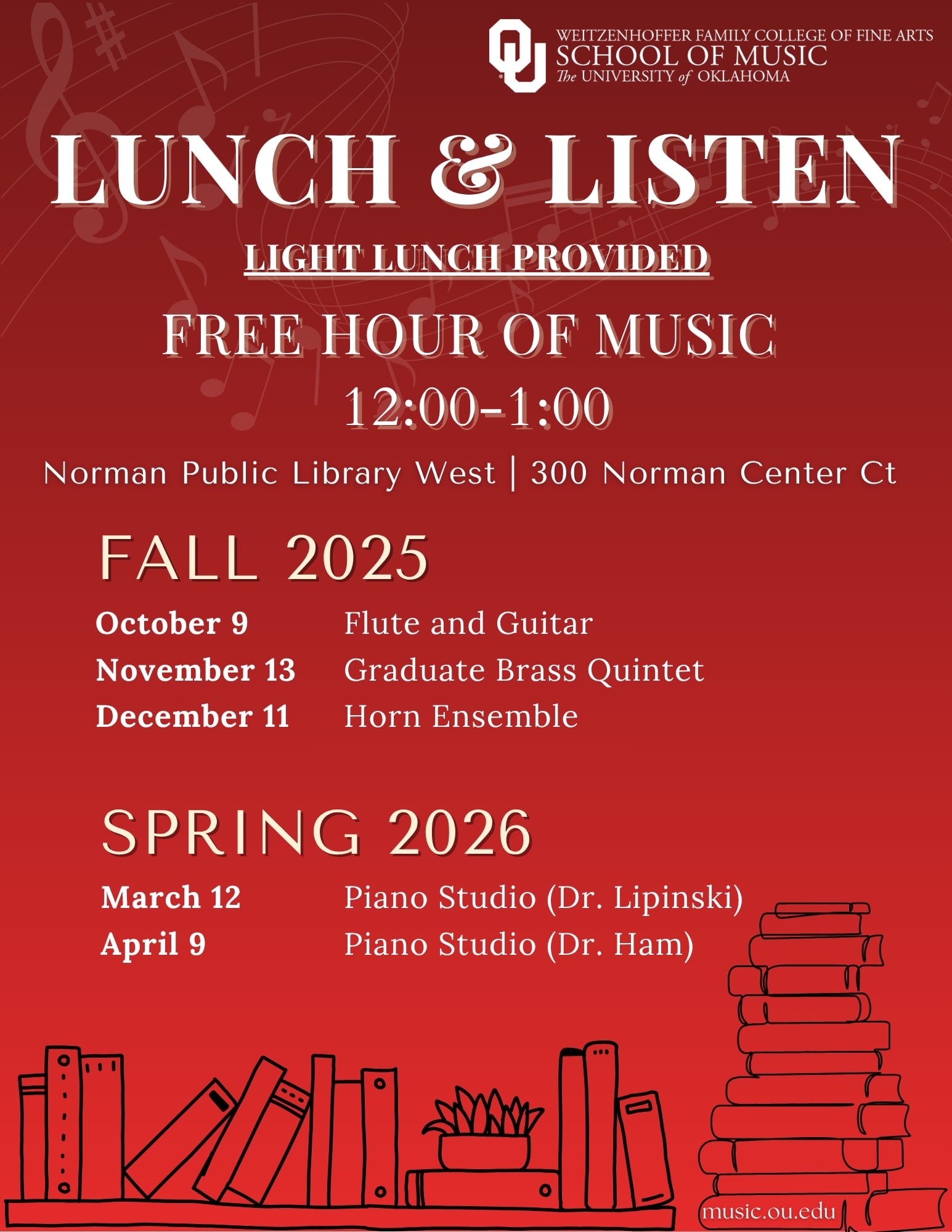 Flyer for Lunch and Listen series at Norman Public Library. Follow link to music.ou.edu/thurday-noon for more details.
