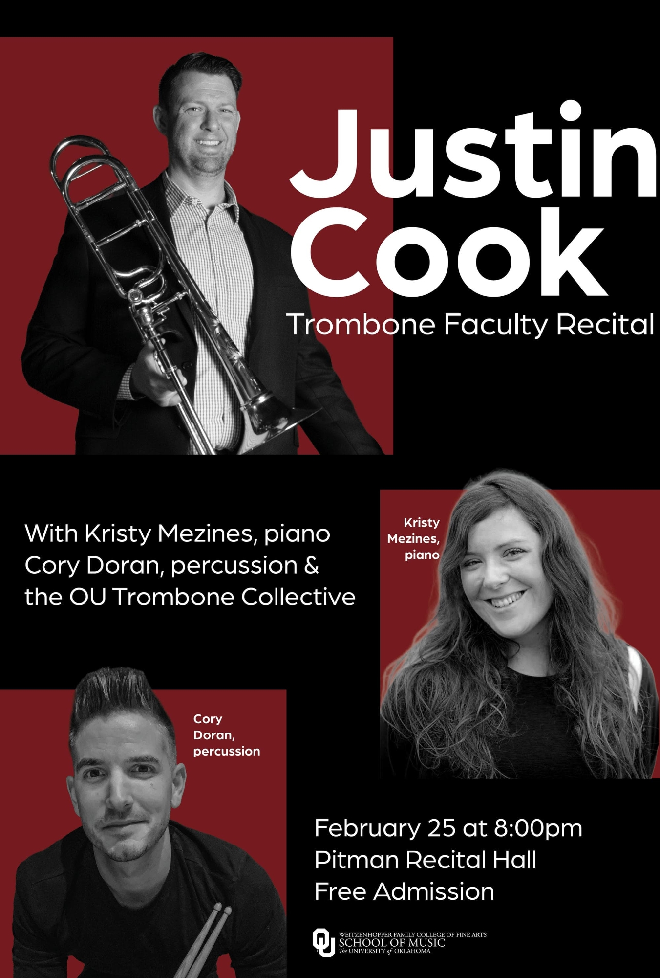 Flyer for Justin Cook Trombone faculty recital February 25 at 8pm in Pitman Hall, free admission.