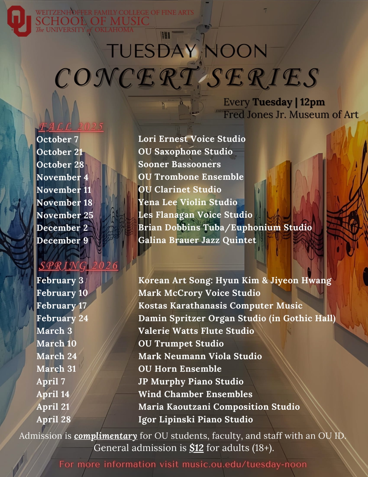 Flyer with 2025-2026 Tuesday Noon schedule. Follow link to https://music.ou.edu/tuesday-noon for more details. Contact Andrea Avance at avance@ou.edu for assistance.