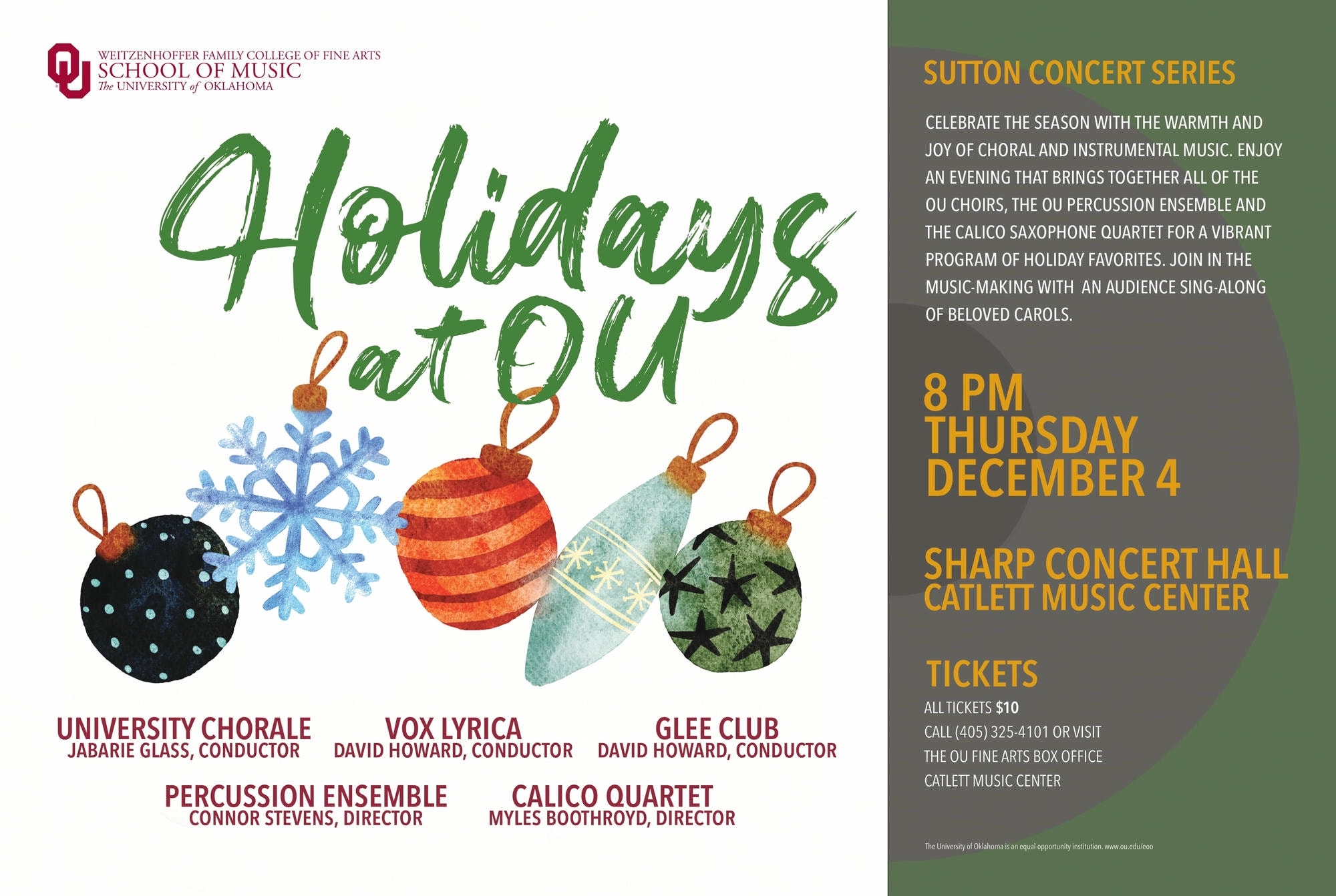 Flyer for Holidays at OU, December 4 at 8pm in Sharp Hall. Call 405-325-4101 for tickets.
