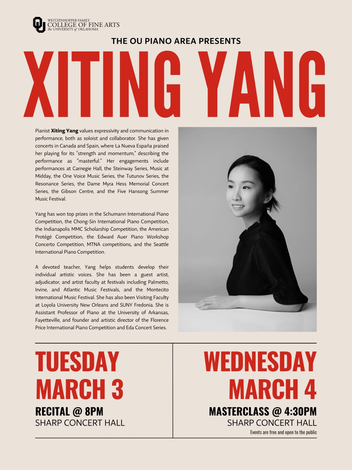Flyer for residency by pianist Xiting Yang. Recital March 3 at 8pm in Sharp Hall and Masterclass March 4 at 4:30pm in Sharp Hall. All events are free and open to the public.