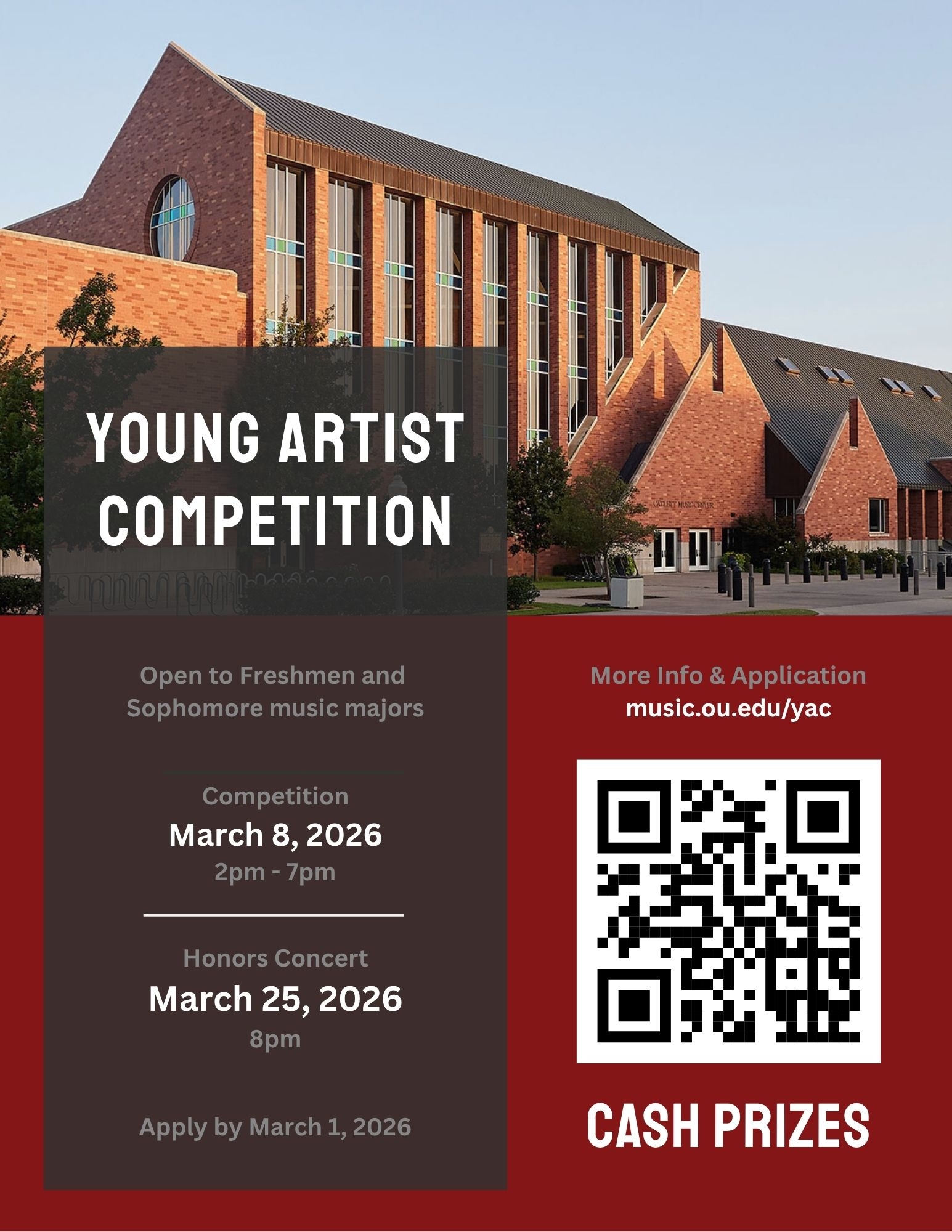 Flyer for Young Artist Competition for Freshmen and Sophomores. Deadline to apply is March 1. Follow link to music.ou.edu/yac for more details.