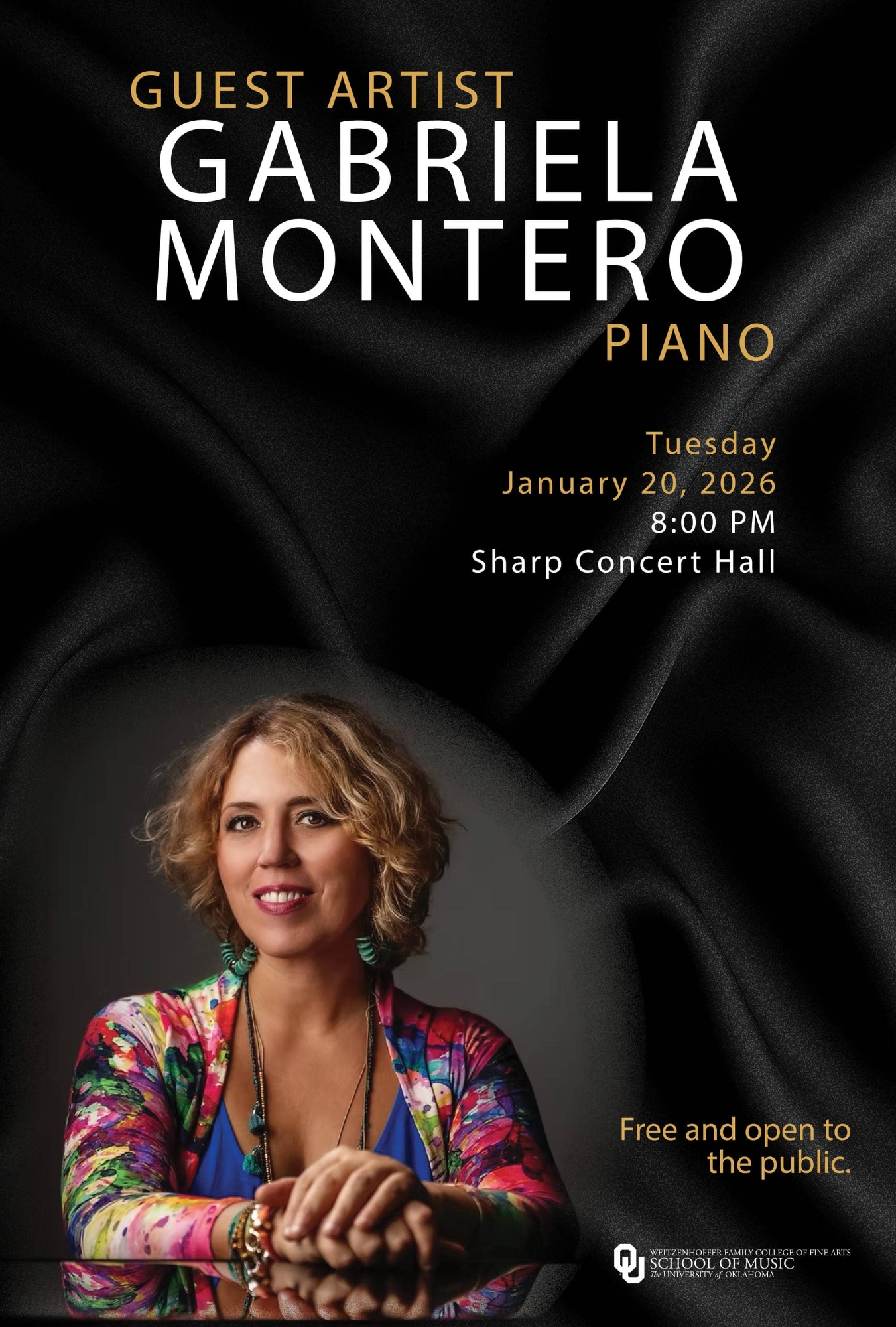Flyer for free recital by guest pianist Gabriela Montero on Jan 20 at 8pm in Sharp Hall.