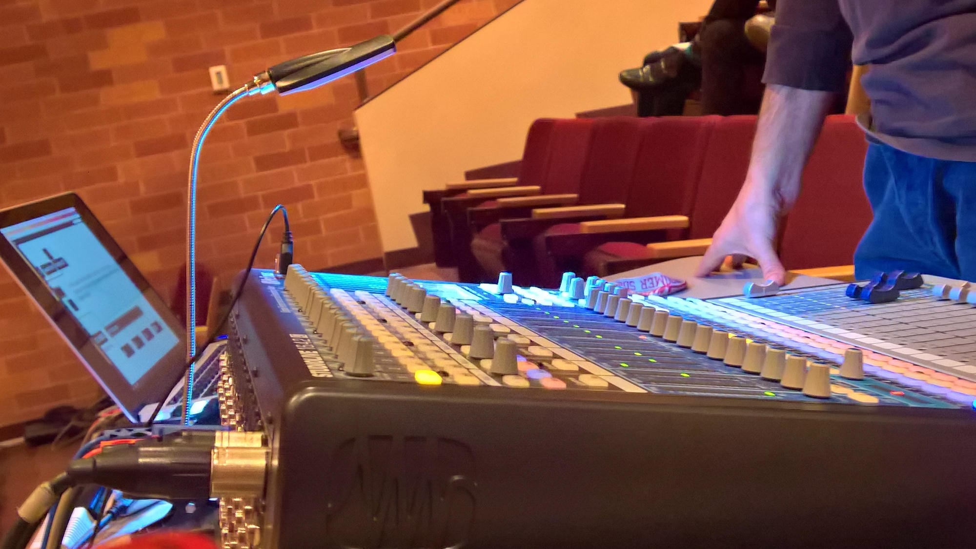 Composition student working with recording technology in Pitman Hall.