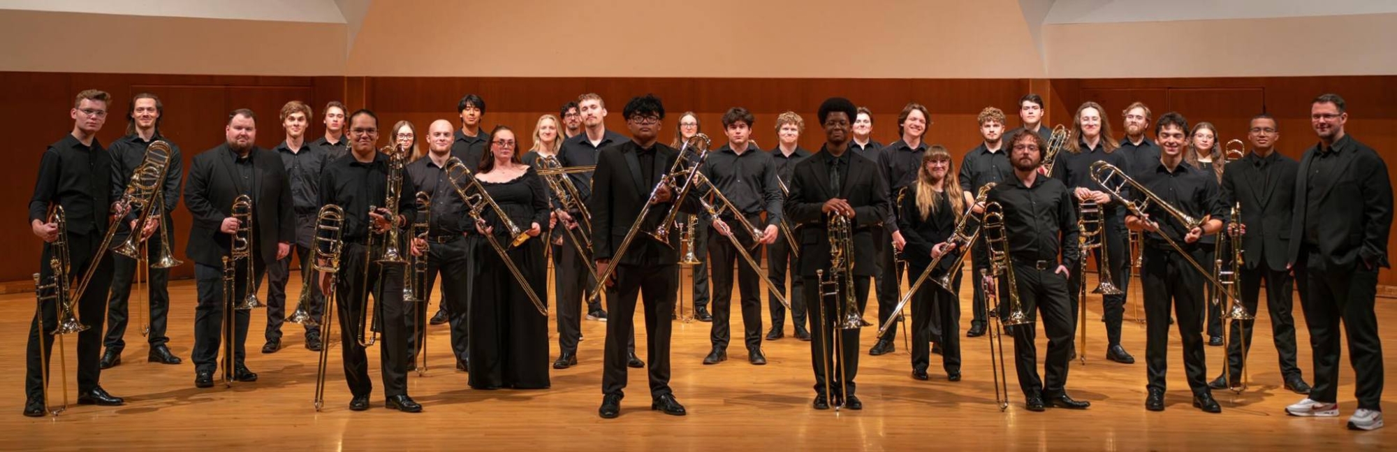 The OU Trombone Choir in Sharp Hall with Dr. Cook.