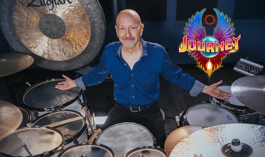 Steve Smith at Drumset with Journey Logo superimposed.