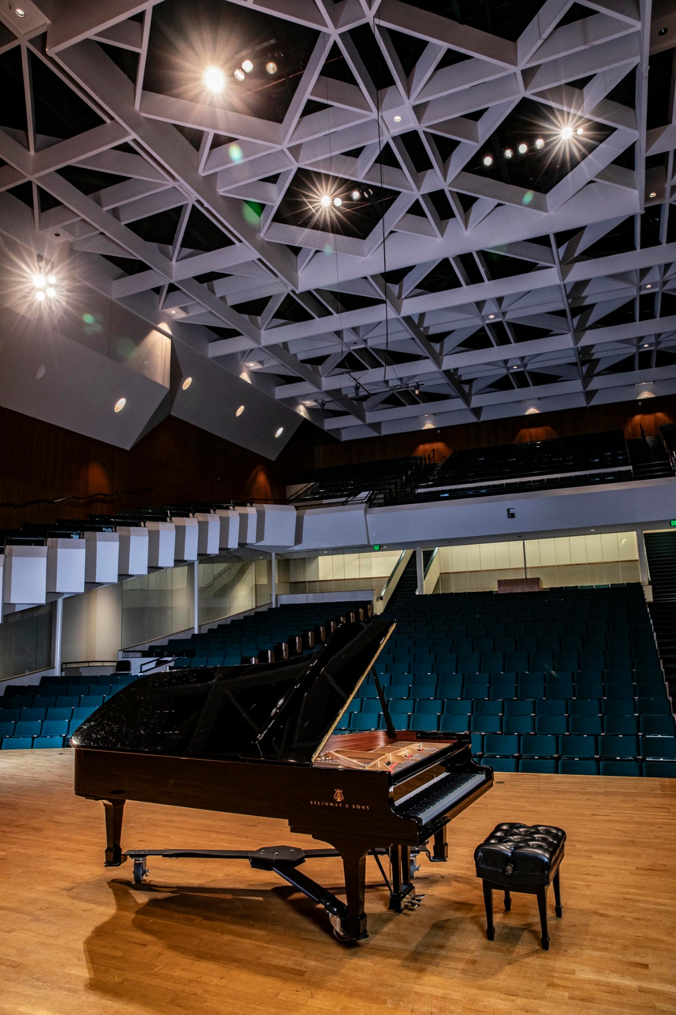 Steinway piano and vaulted ceiling in Sharp Hall.