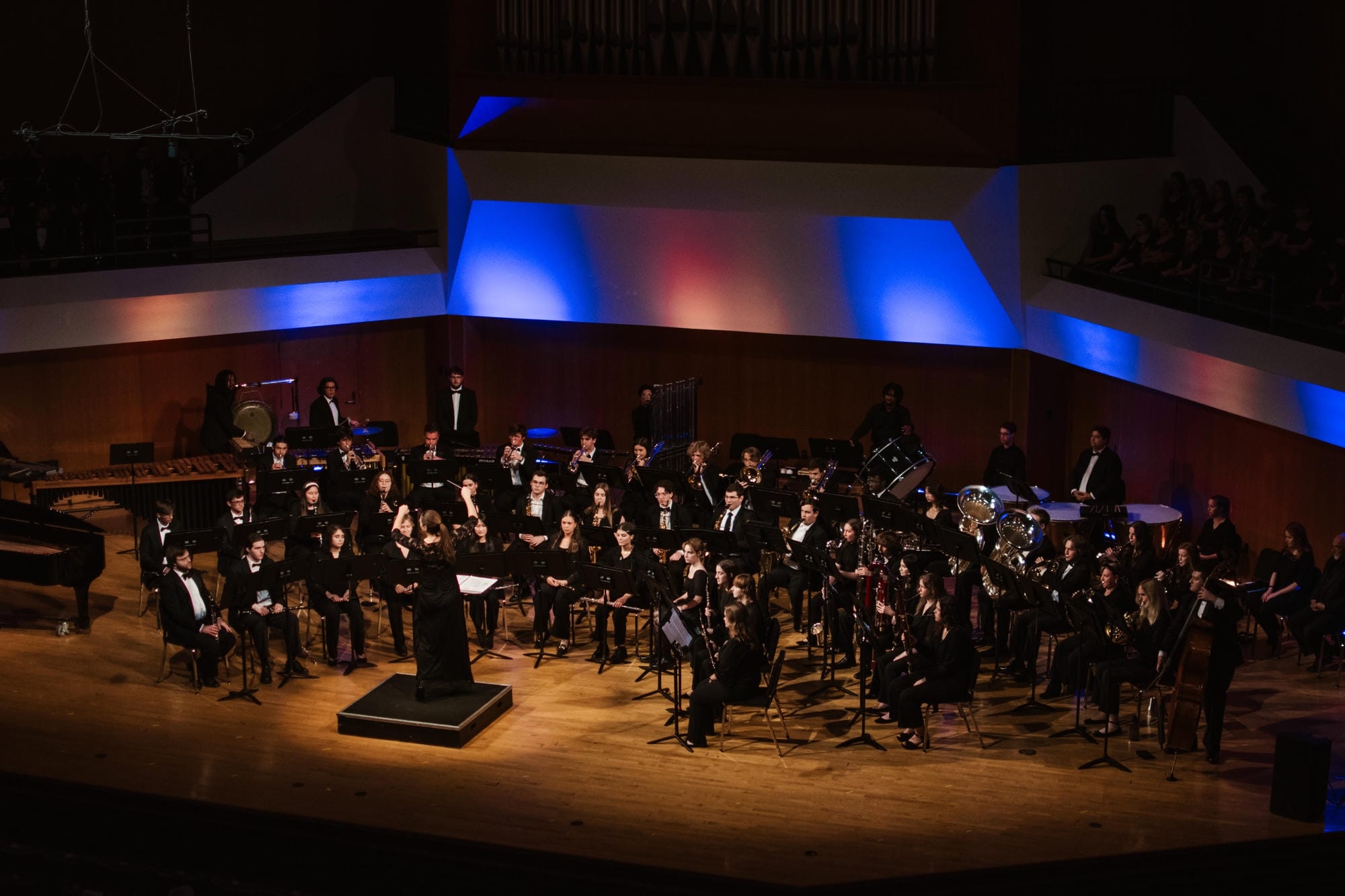 Performance photo of OU Wind Symphony in Sharp Hall.