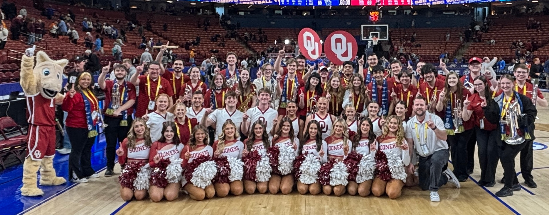 Sound of the sooners band with mascots and cheerleaders