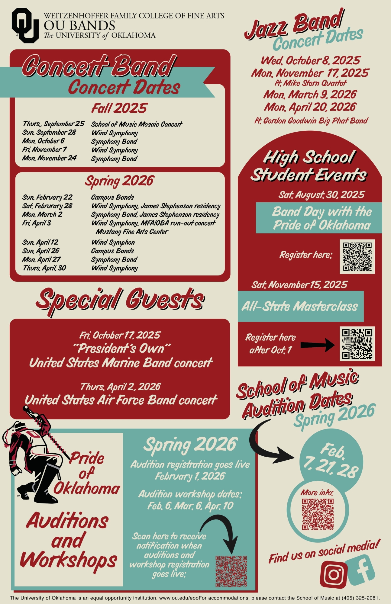 Flyer with overview of several OU Bands events for 2025-2026. Contact Dr. Hand at cehand@ou.edu for more information.