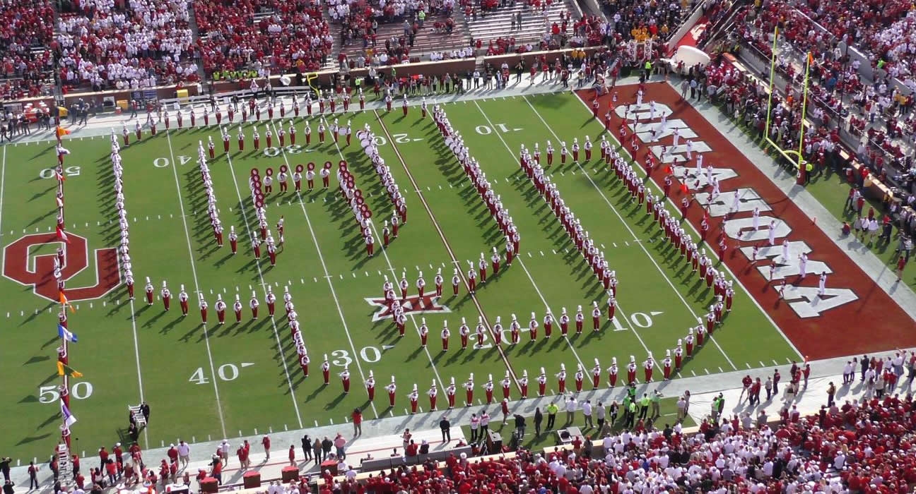 The Pride of Oklahoma pregame formation with OU Logo on the field.