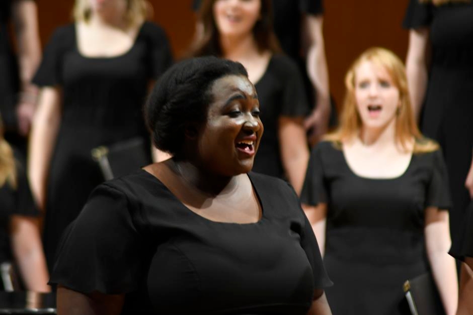 Vocal soloist performs with Vox Lyrica in Sharp Hall.