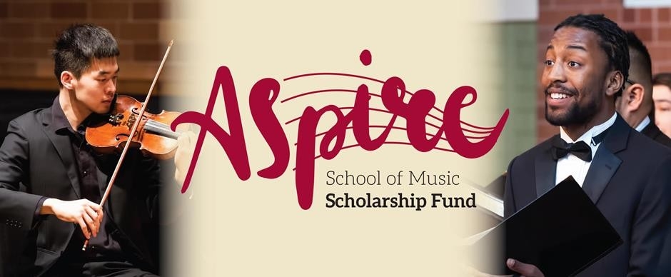 Banner with a violinist, the Aspire wordmark, Aspire School of Music Scholarship Fund, and a singer.