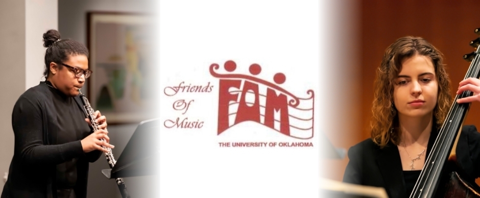 A banner with an oboist, The University of Oklahoma Friends of Music logo, and a bassist.