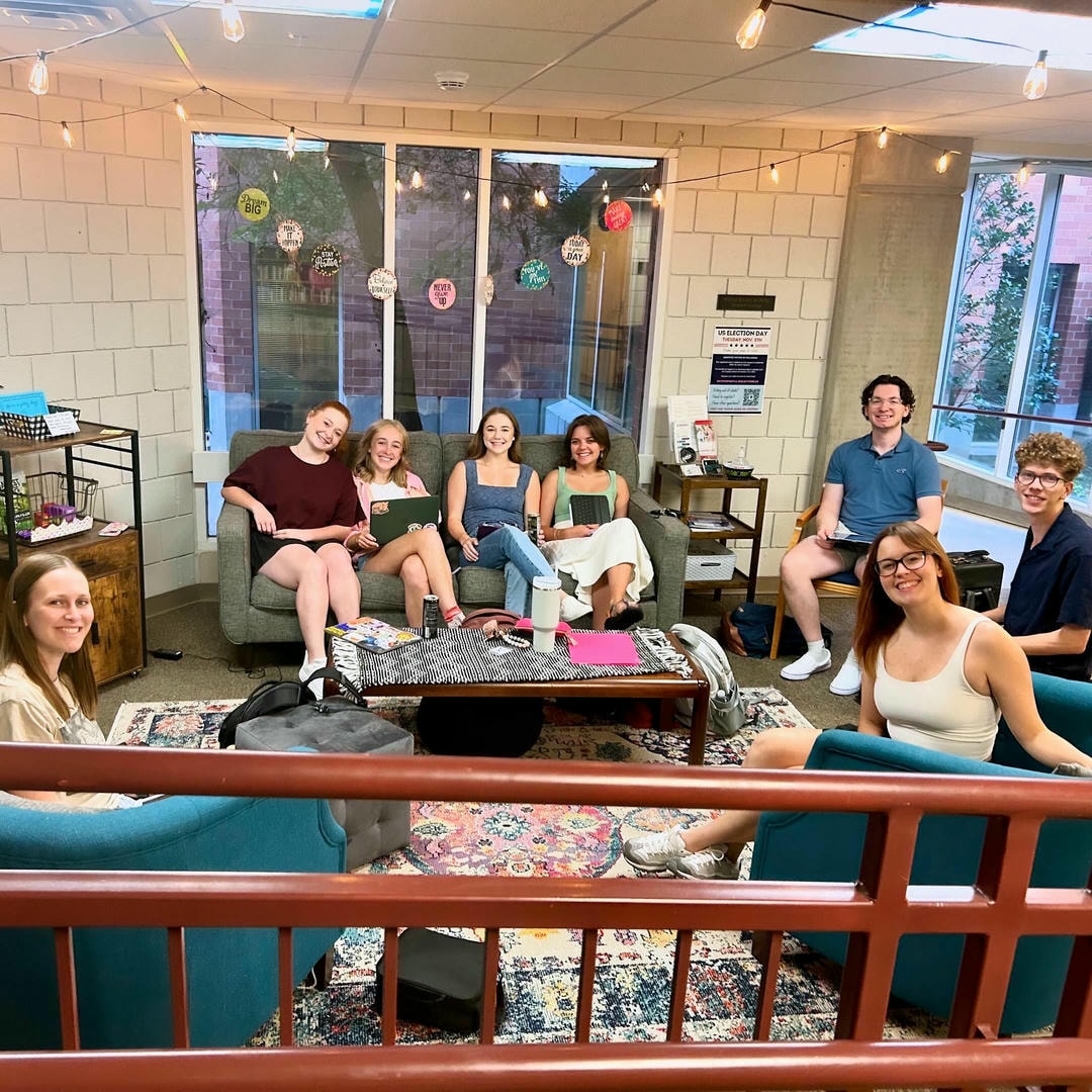 Students relaxing in the Catlett study Lounge near the main office in Catlett.